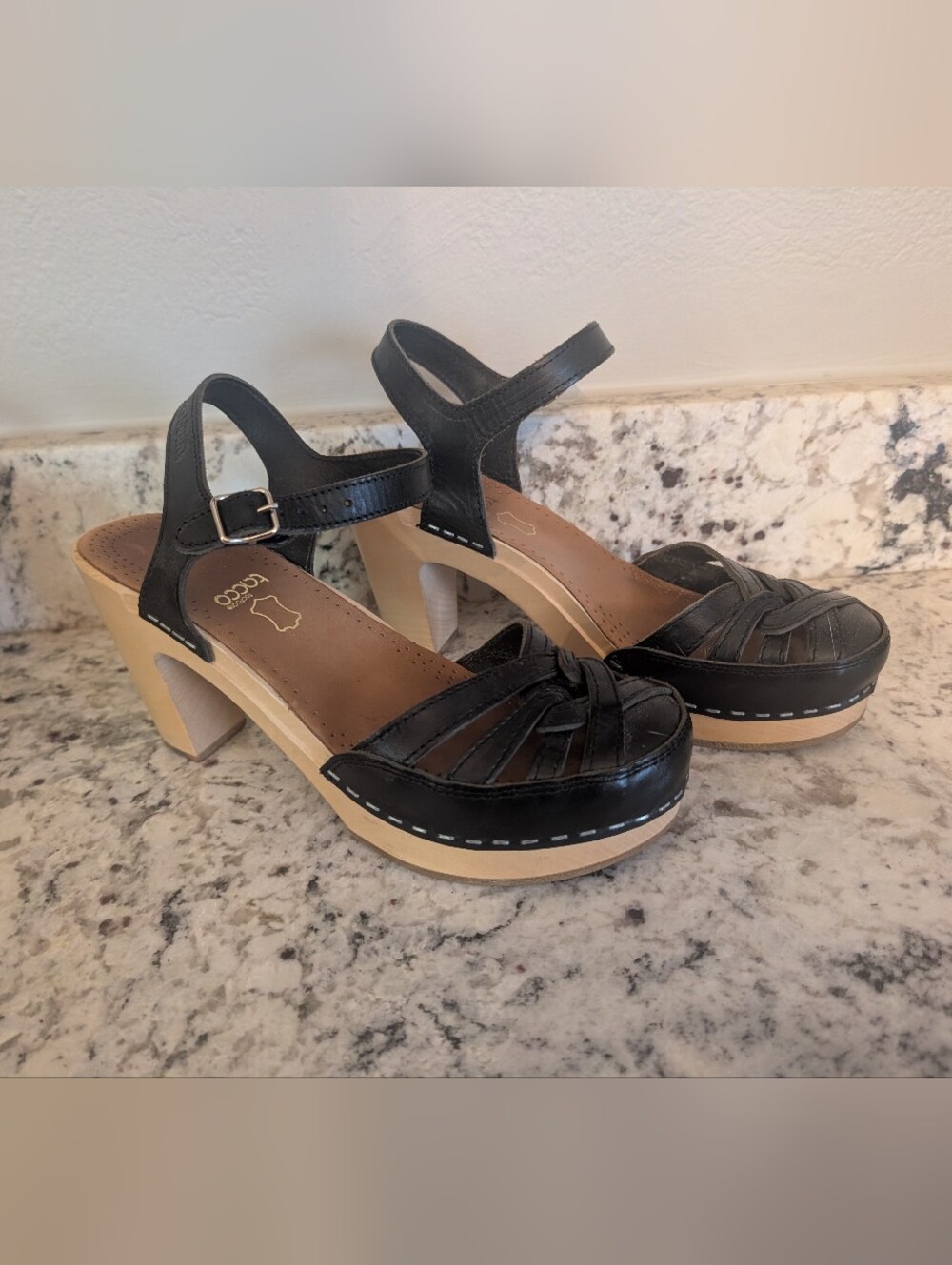 Swedish Hasbeens Black Leather, Wooden Block Heel EU 39